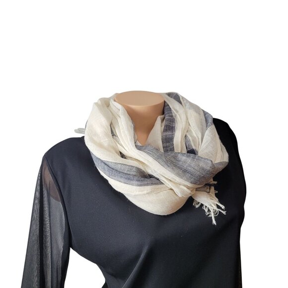 NWT Banana Republic Beige & Navy Plaid Fringe Scarf - Picture 10 of 14